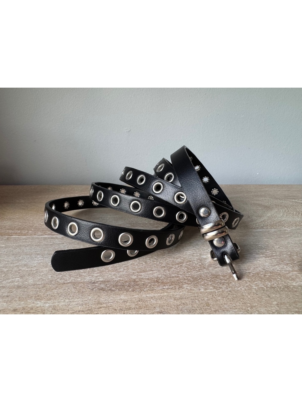 Black Faux Leather Belt with Silver Eyelets and Buckle